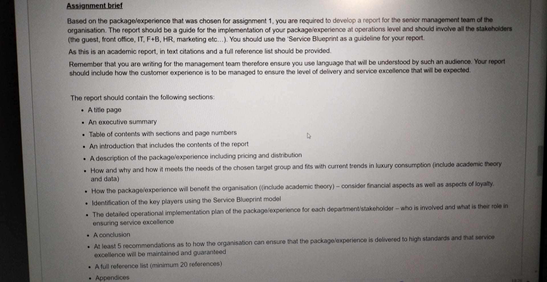  Assignment brief Based on the package/experience that was chosen for assignment