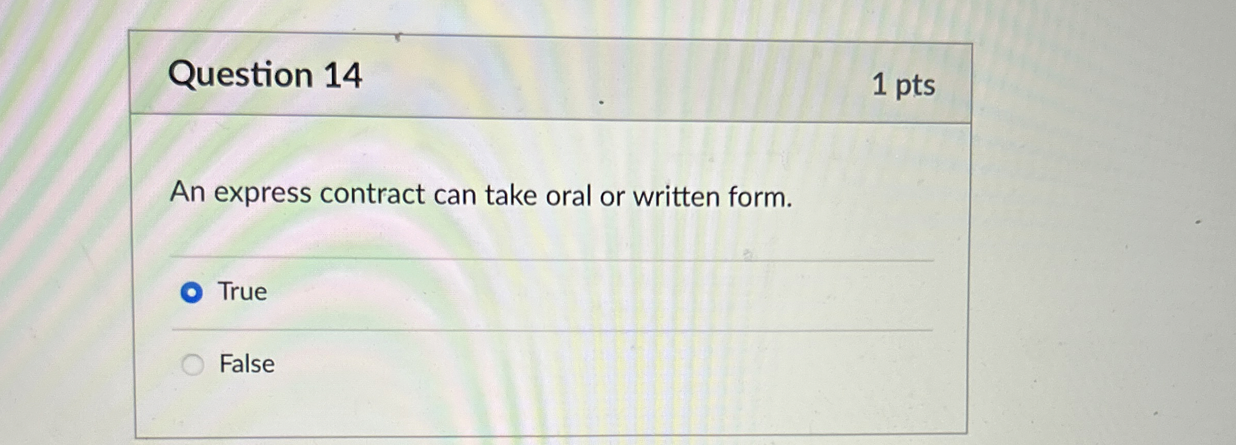  Question 14 1 pts An express contract can take oral or