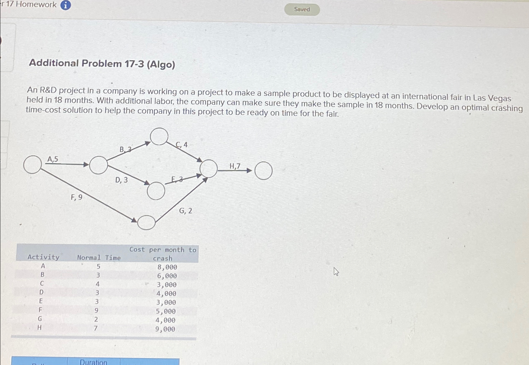  r 17 Homework (i Additional Problem 17-3(Algo) An R&D project in