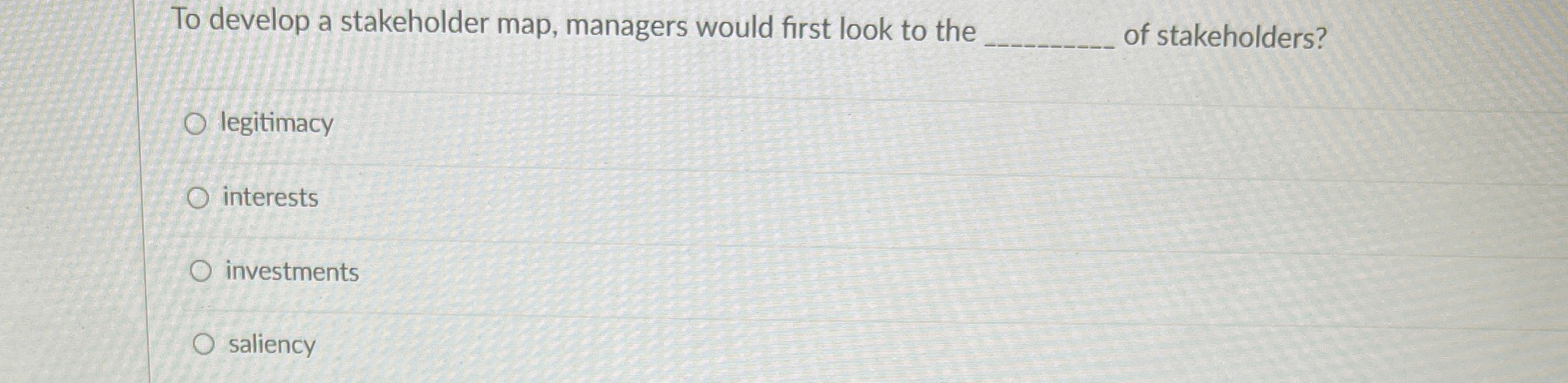  To develop a stakeholder map, managers would first look to the