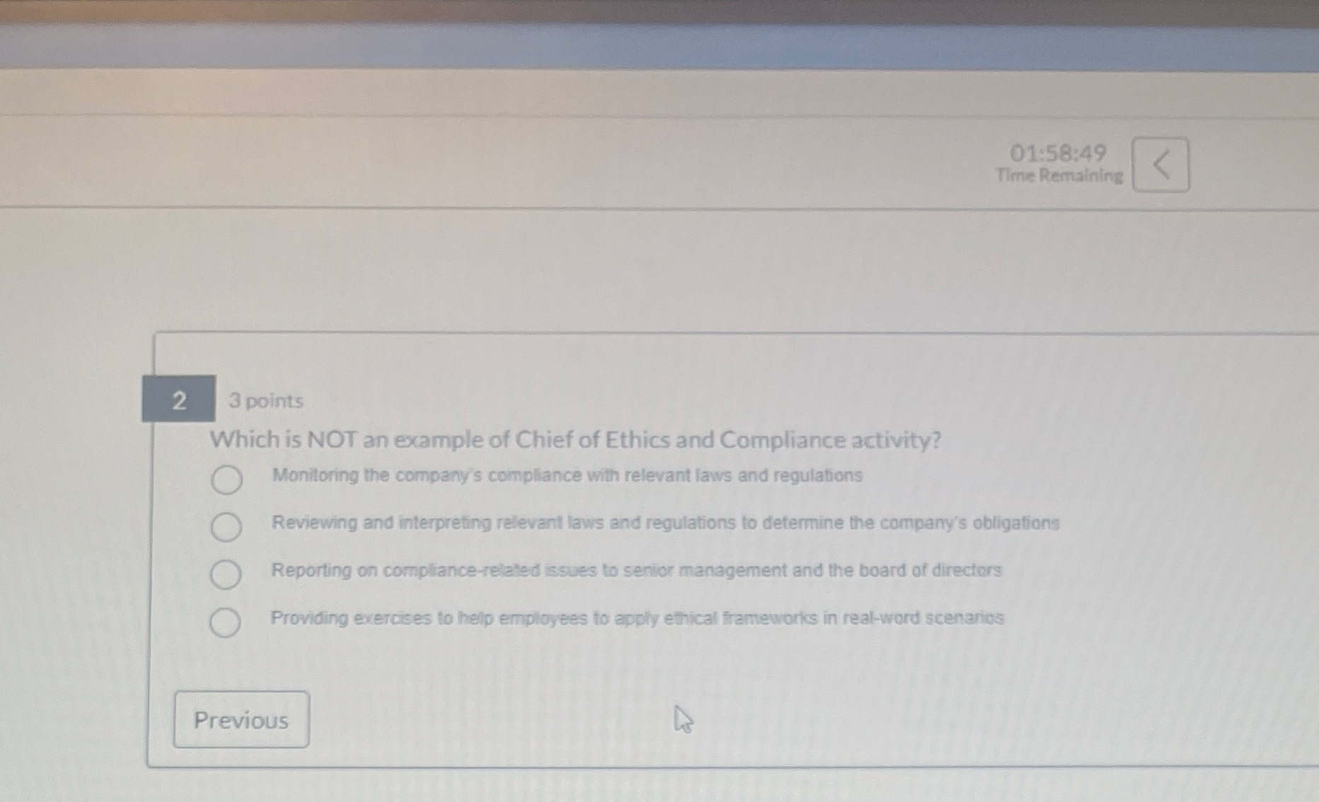  01:58:49 Time Remaining 23 points Which is NOT an example of