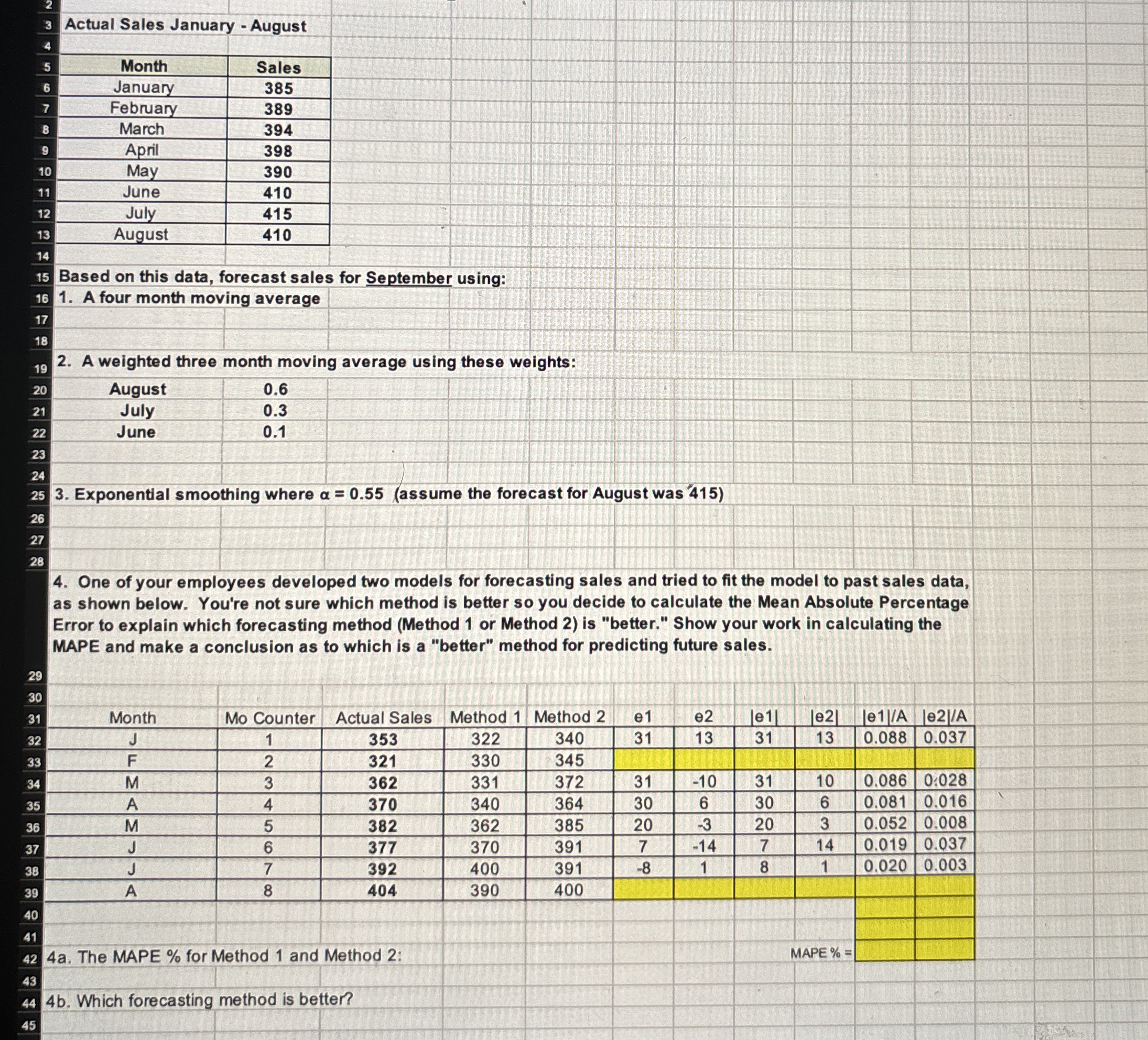  Actual Sales January - August Based on this data, forecast sales