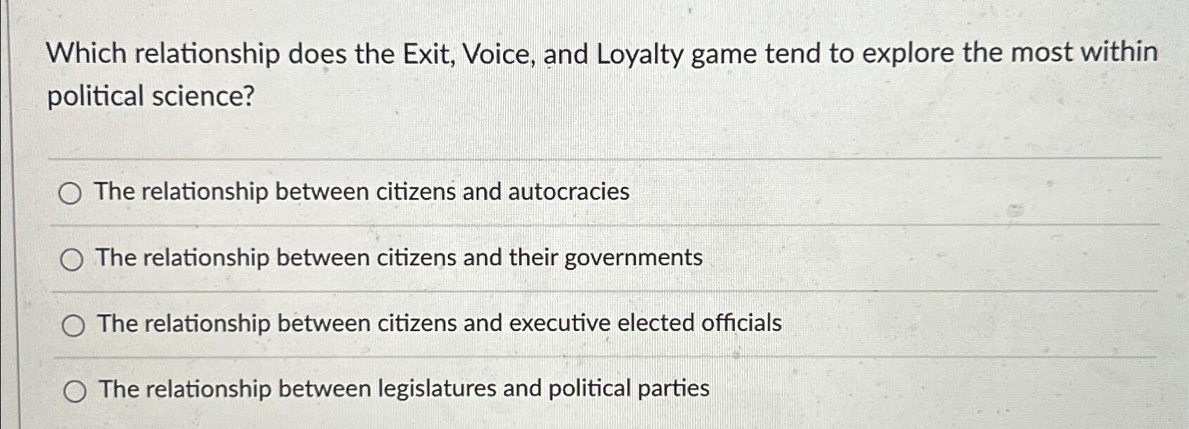  Which relationship does the Exit, Voice, and Loyalty game tend to