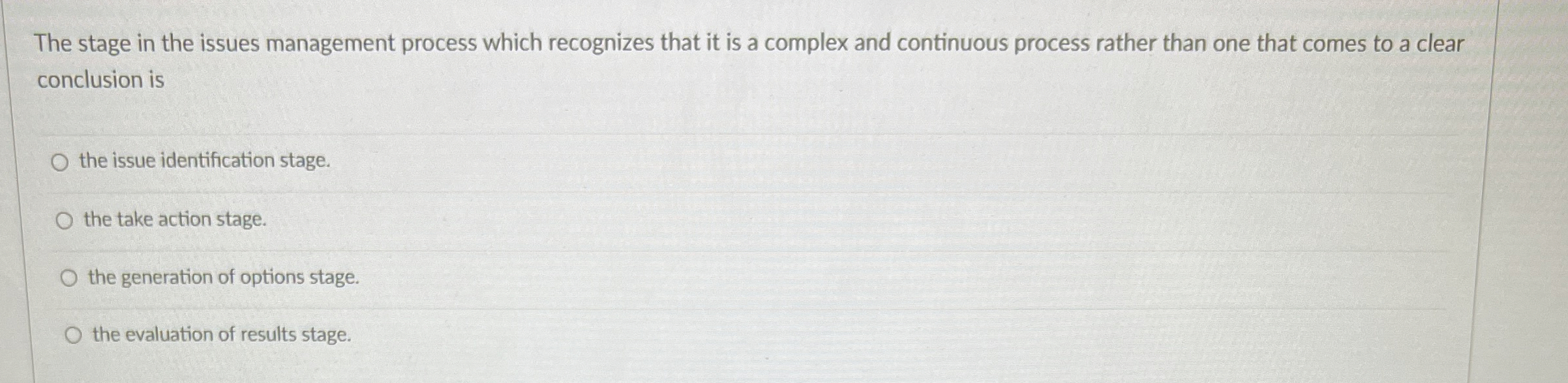  The stage in the issues management process which recognizes that it