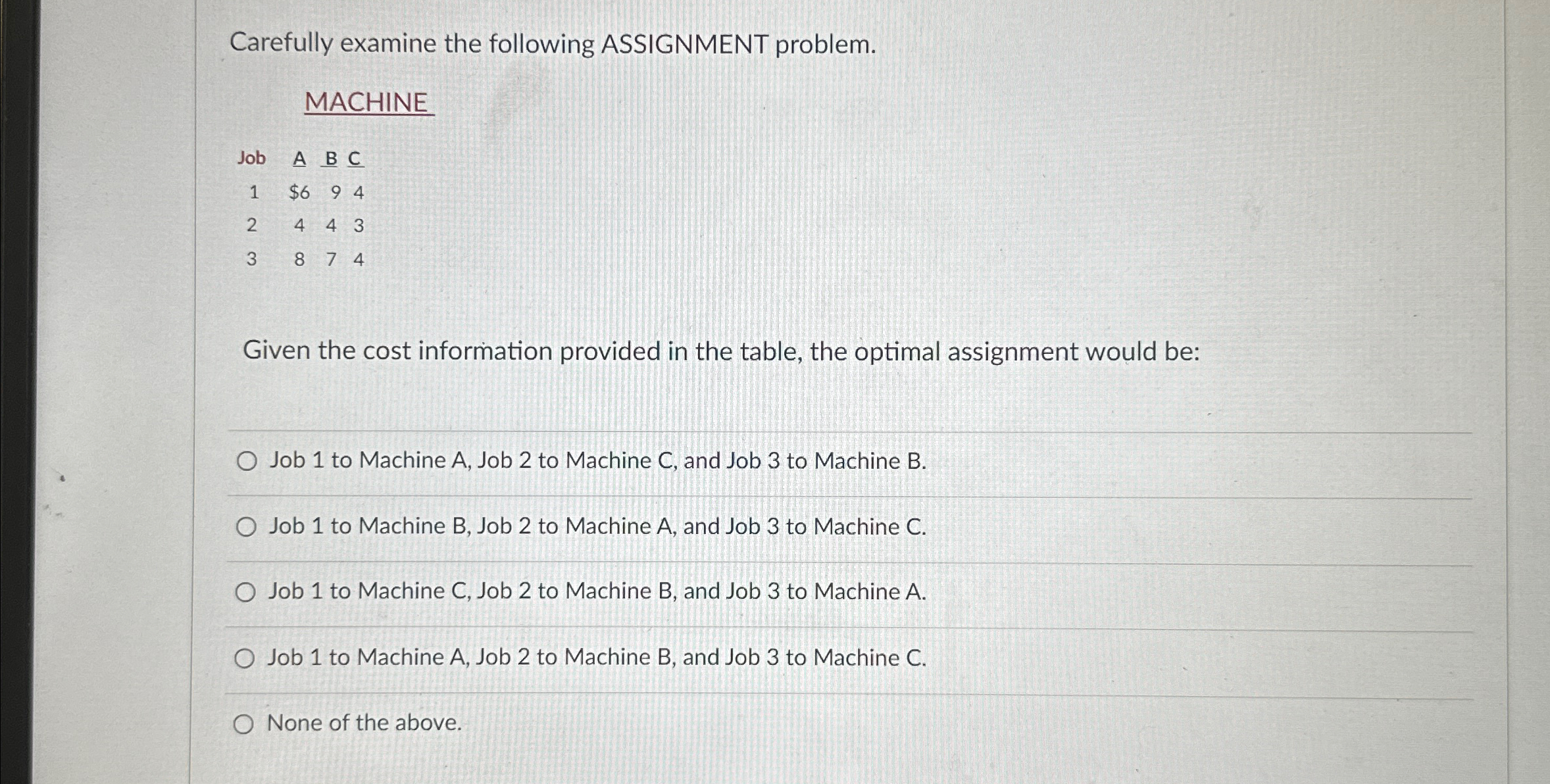  Carefully examine the following ASSIGNMENT problem. MACHINE \table[[Job,A,B,C? 
