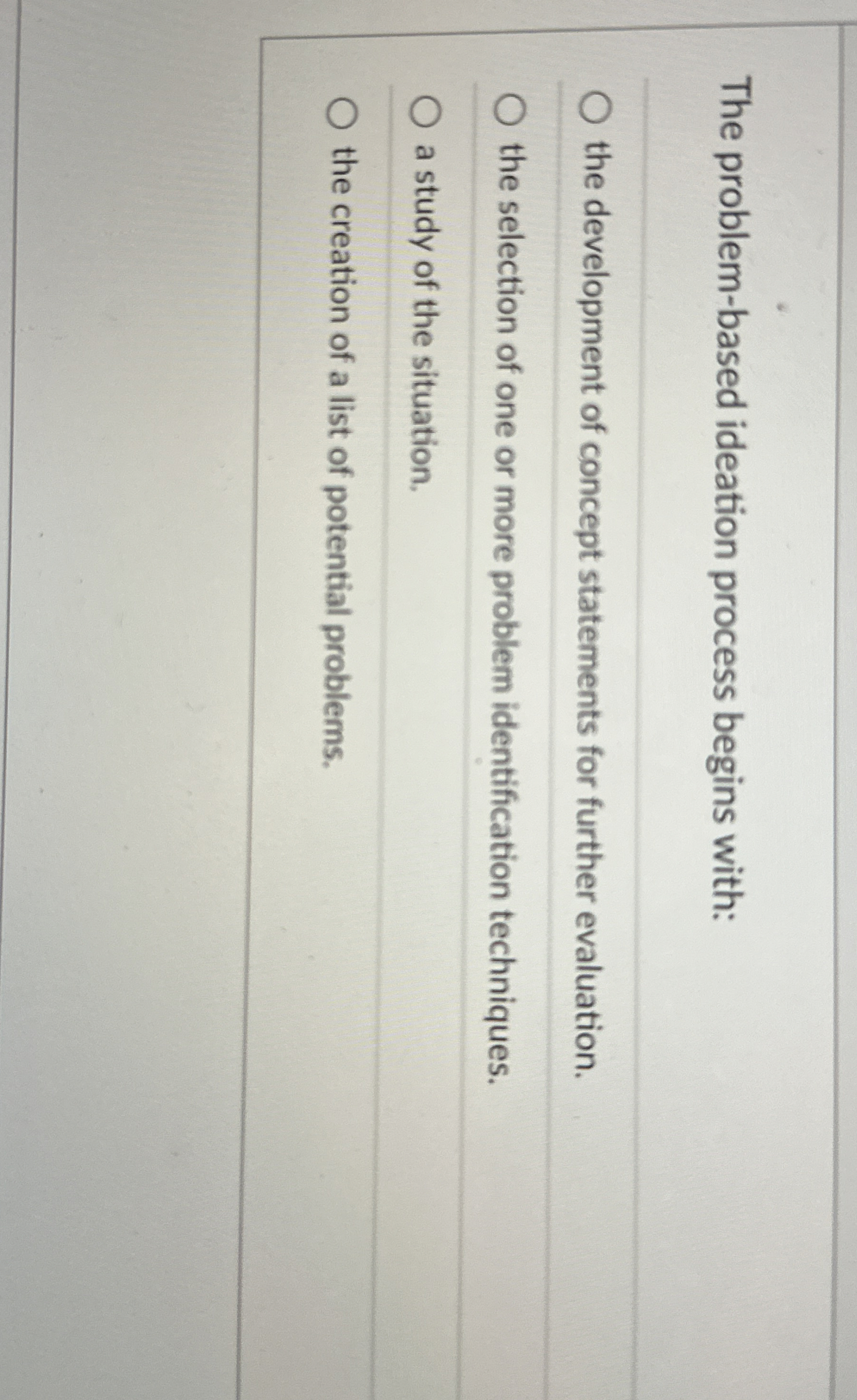  The problem-based ideation process begins with: the development of concept statements