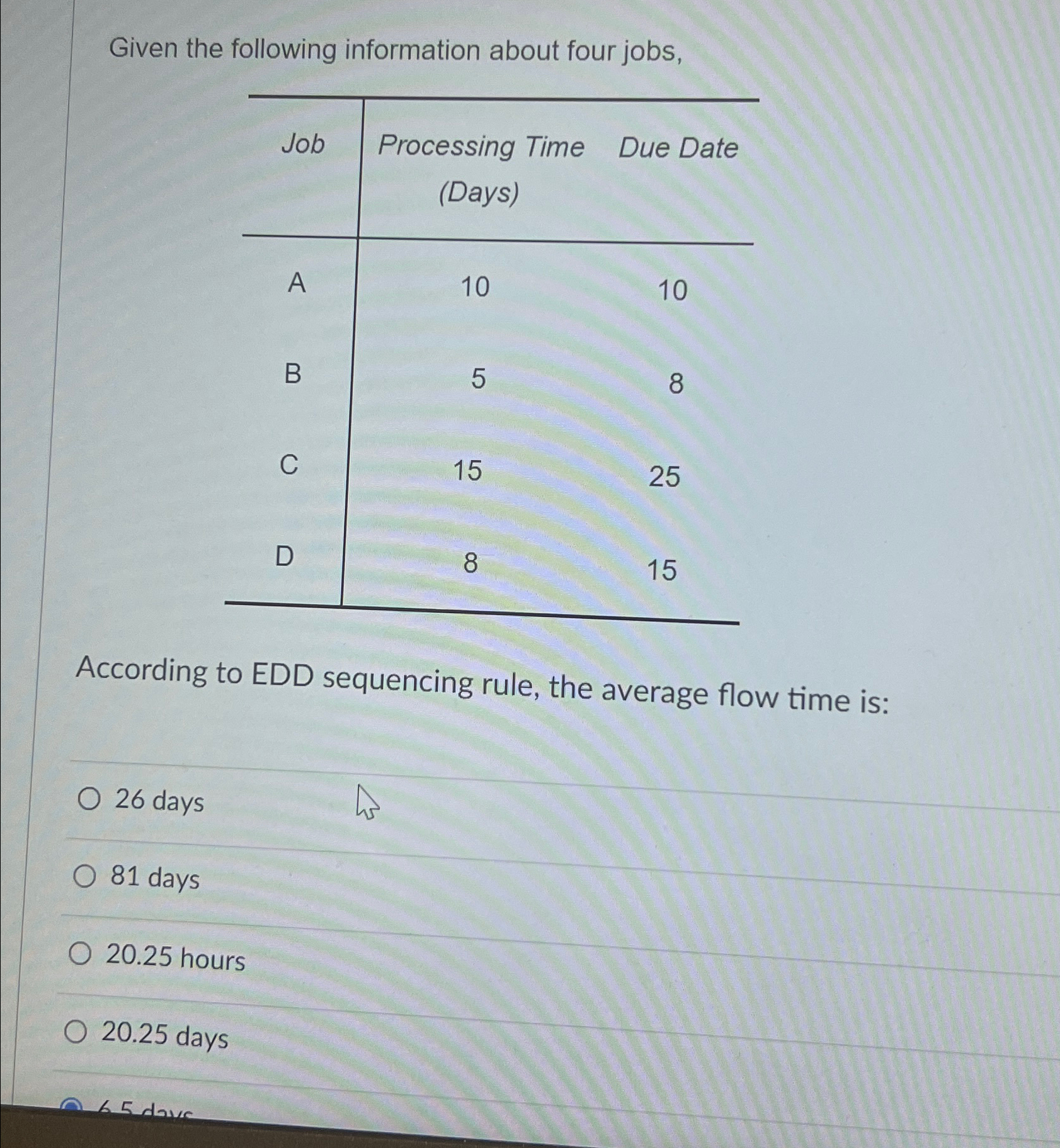  Given the following information about four jobs, \table[[Job,\table[[Processing Time],[(Days)]],Due Date],[A,10,10],[B,5,8],[C,15,25],[D,8,15]] According