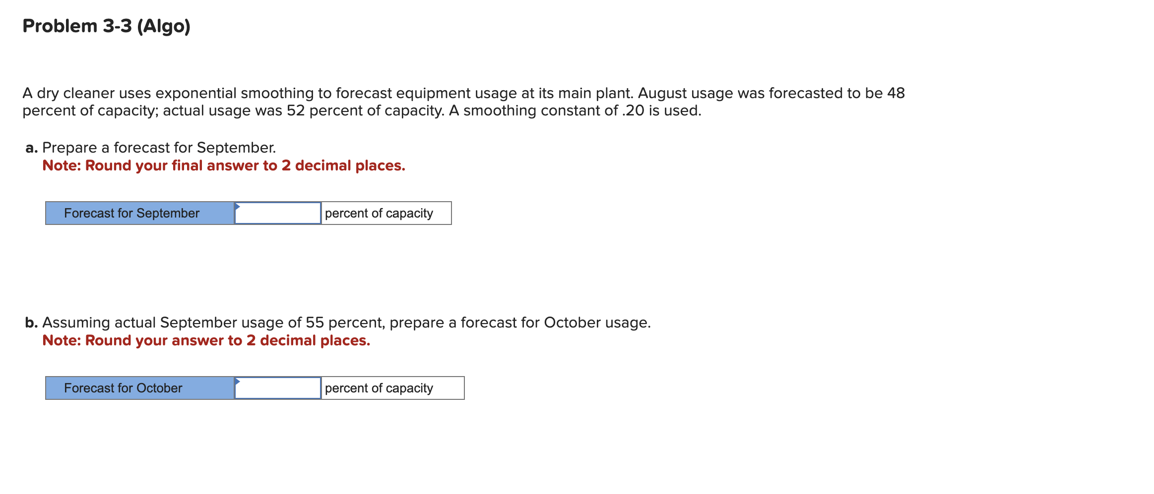  Problem 3-3(Algo) A dry cleaner uses exponential smoothing to forecast equipment