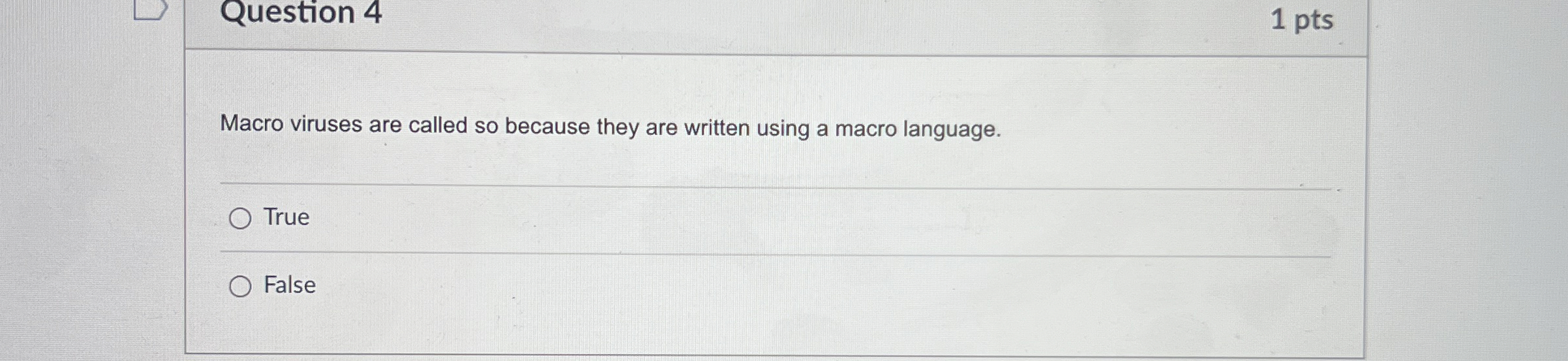  Question 4 1 pts Macro viruses are called so because they