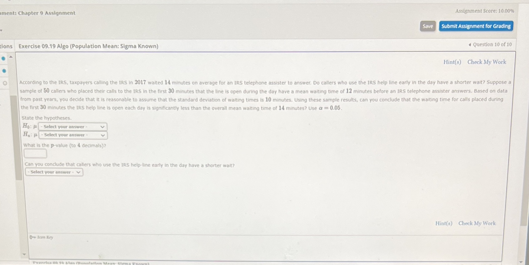  ment: Chapter 9 Assignment Assignment Score: 10.00% Save Submit Assignment for