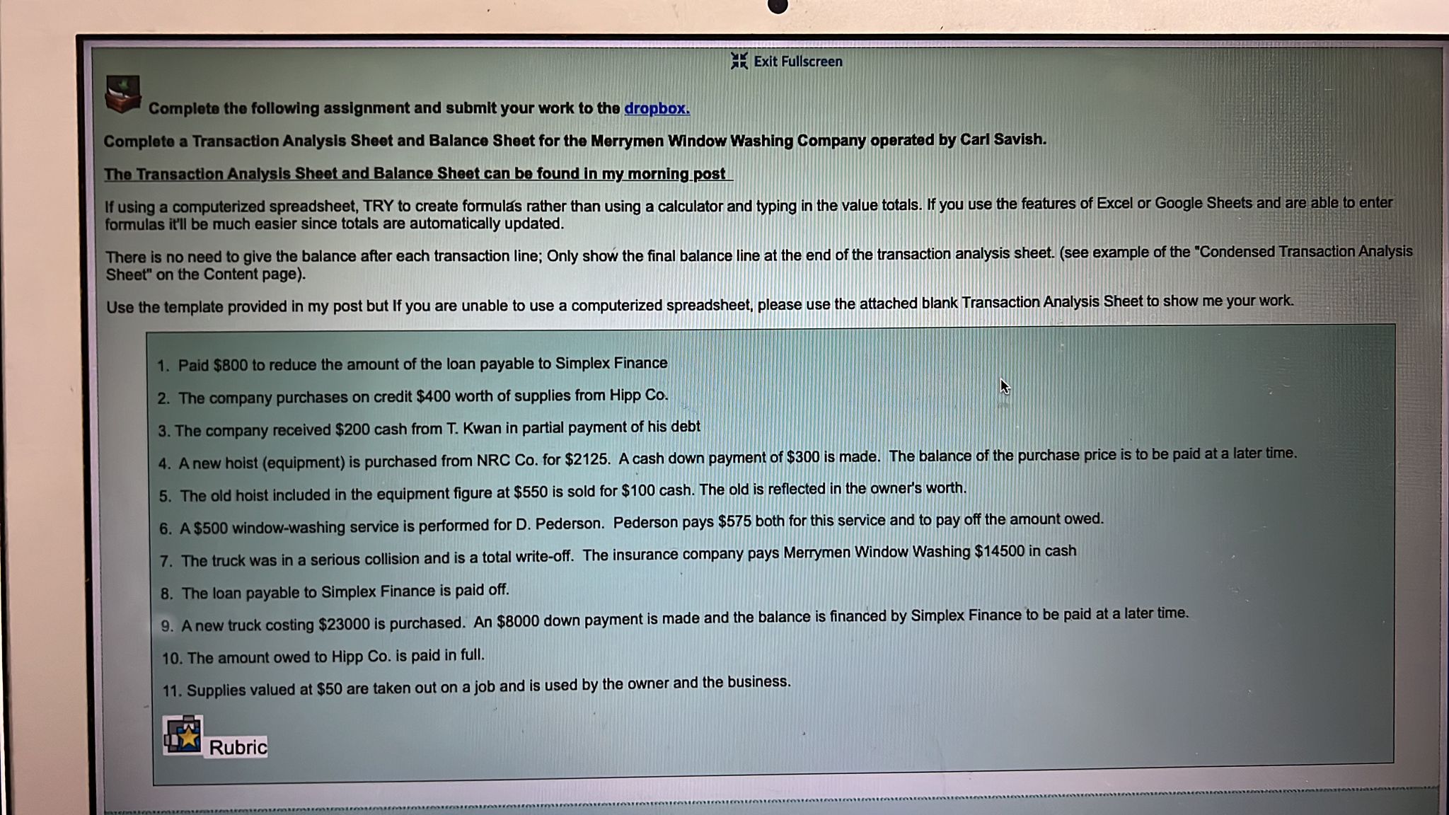 Exit Fullscreen Complete the following assignment and submit your work to
