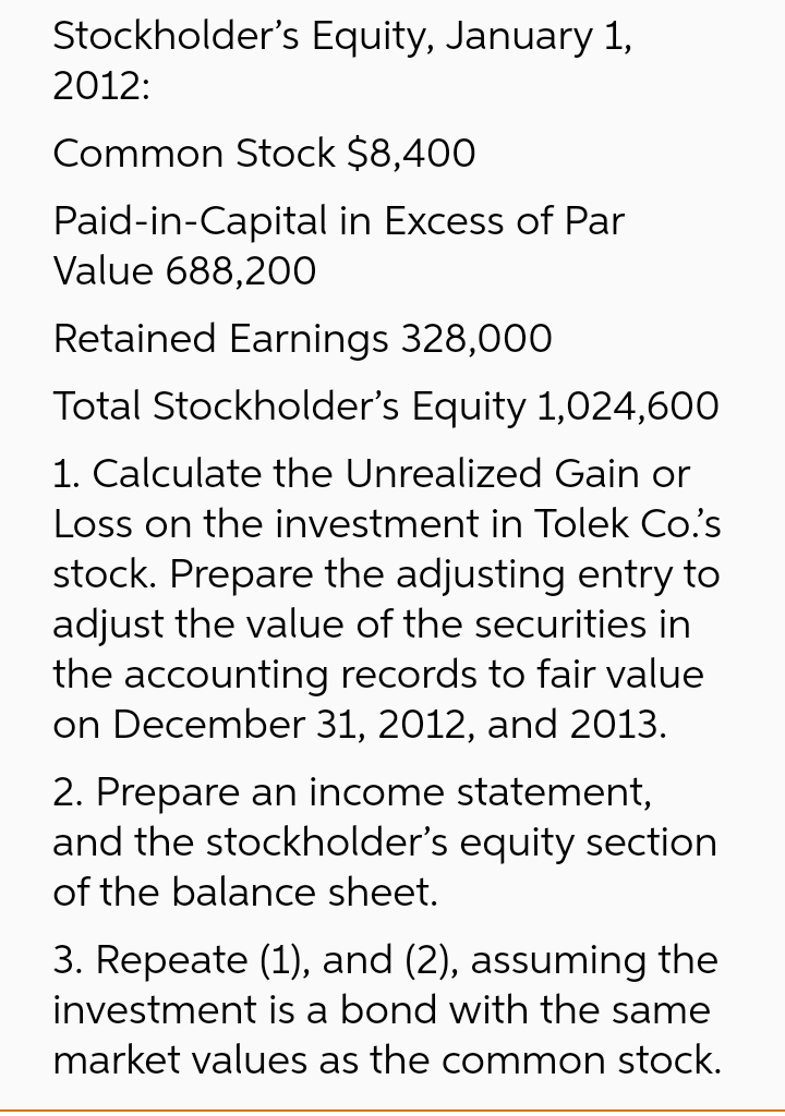 shares of Tolek Co's stock for $62 per share on December 12,