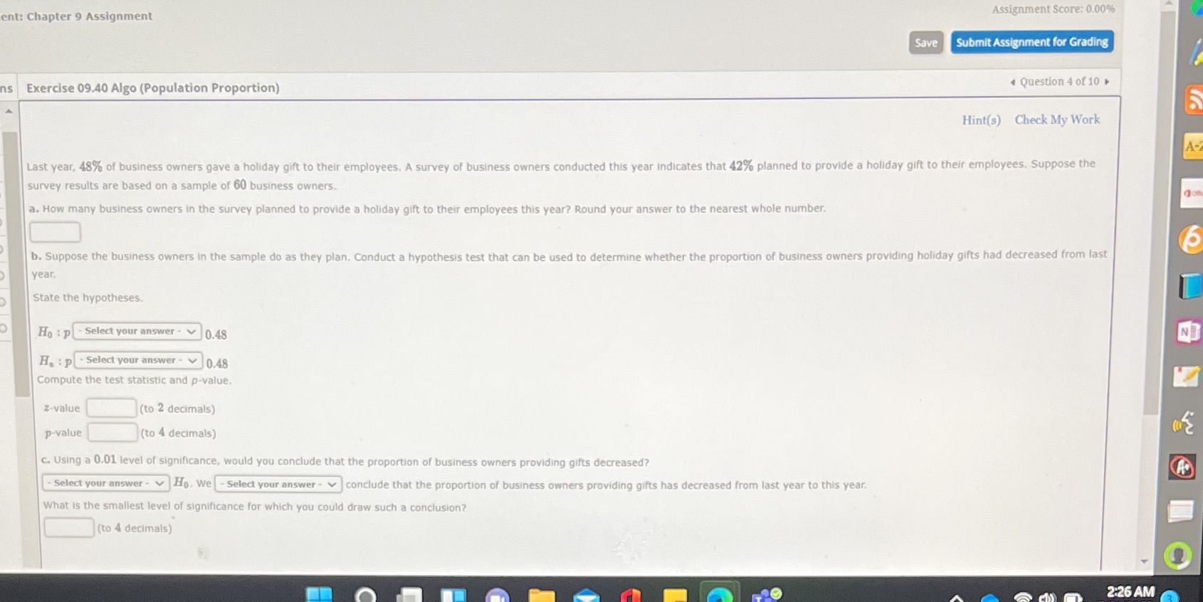  Assignment Score: 0.00% ent: Chapter 9 Assignment Save Submit Assignment for