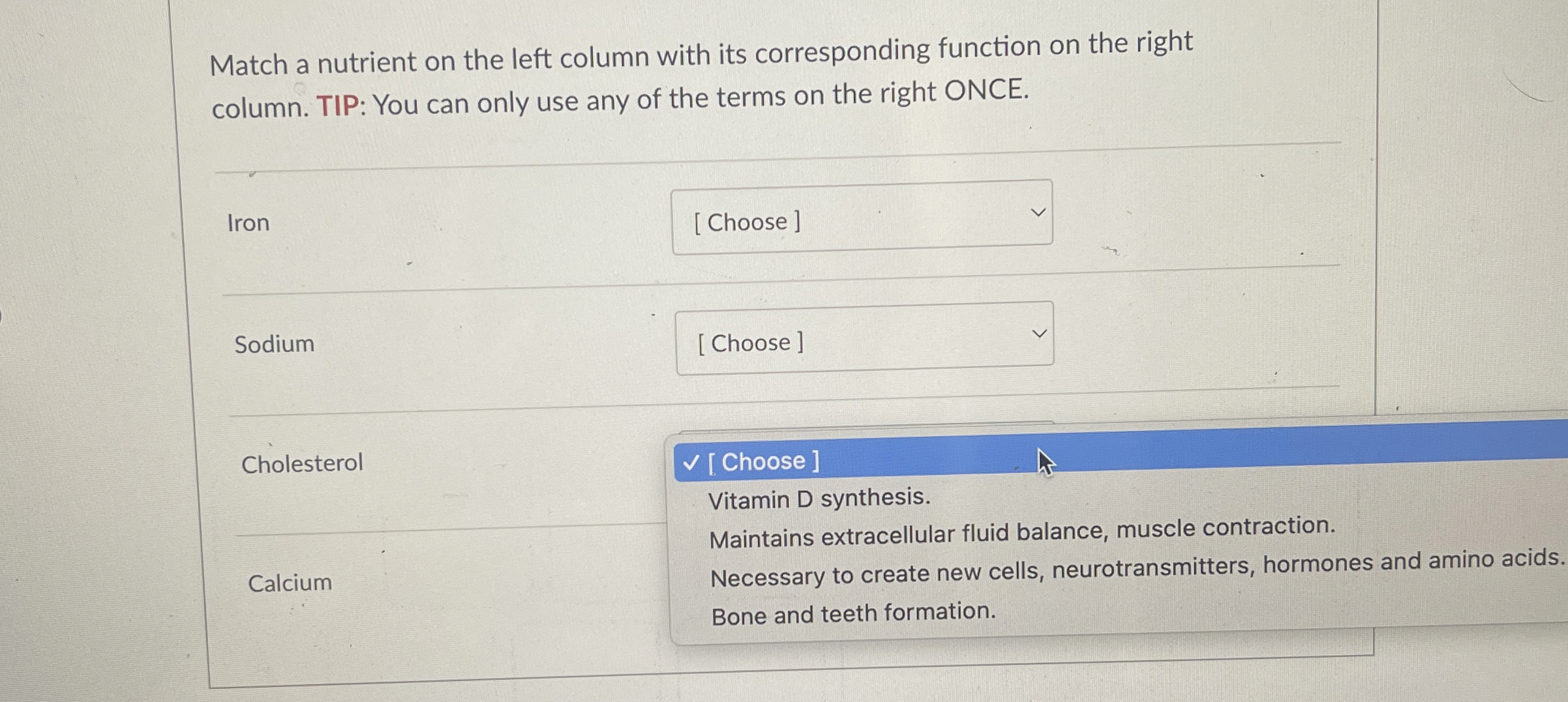 Match a nutrient on the left column with its corresponding function