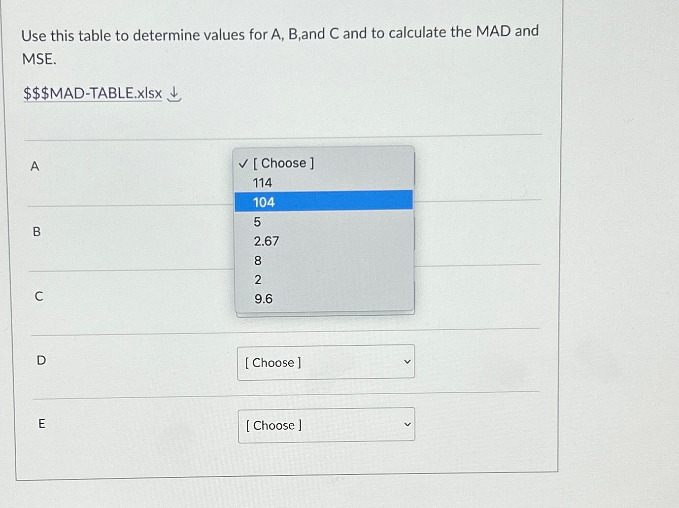 Use this table to determine values for A, B, and C