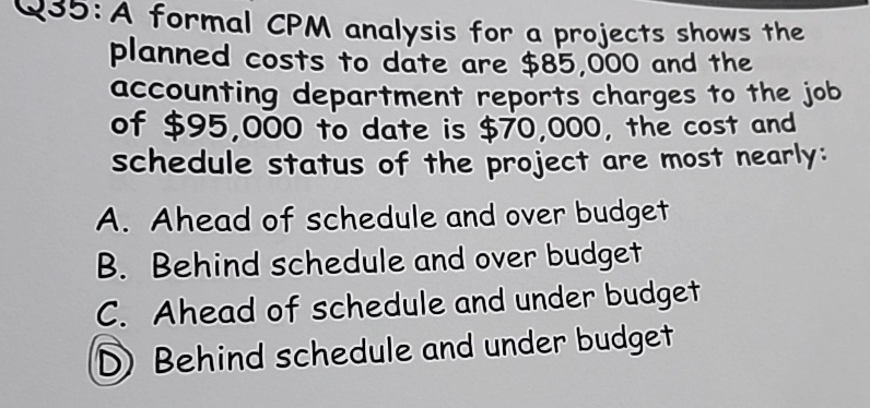  Q35: A formal CPM analysis for a projects shows the planned