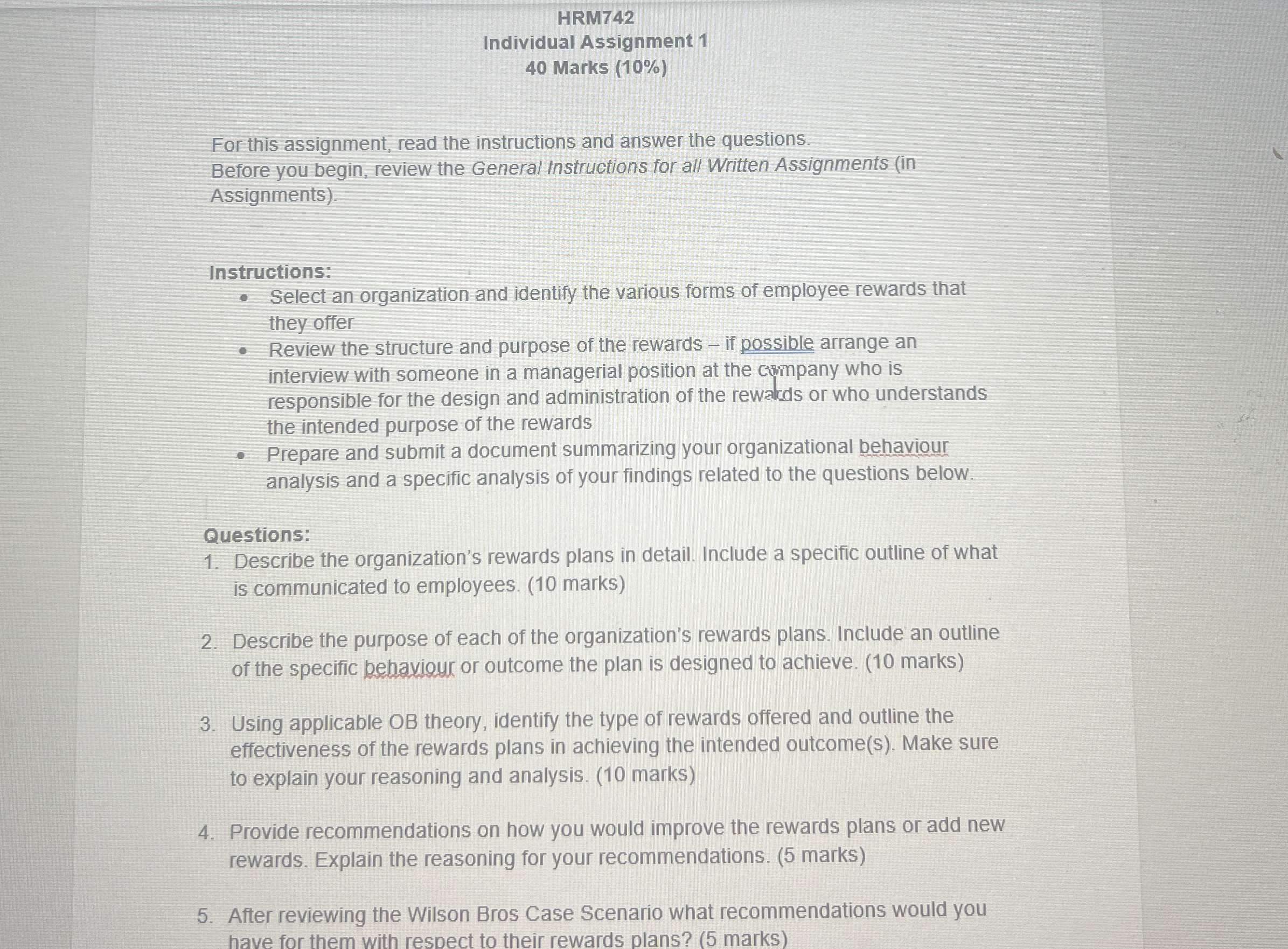  HRM742 Individual Assignment 1 40 Marks (10%) For this assignment, read