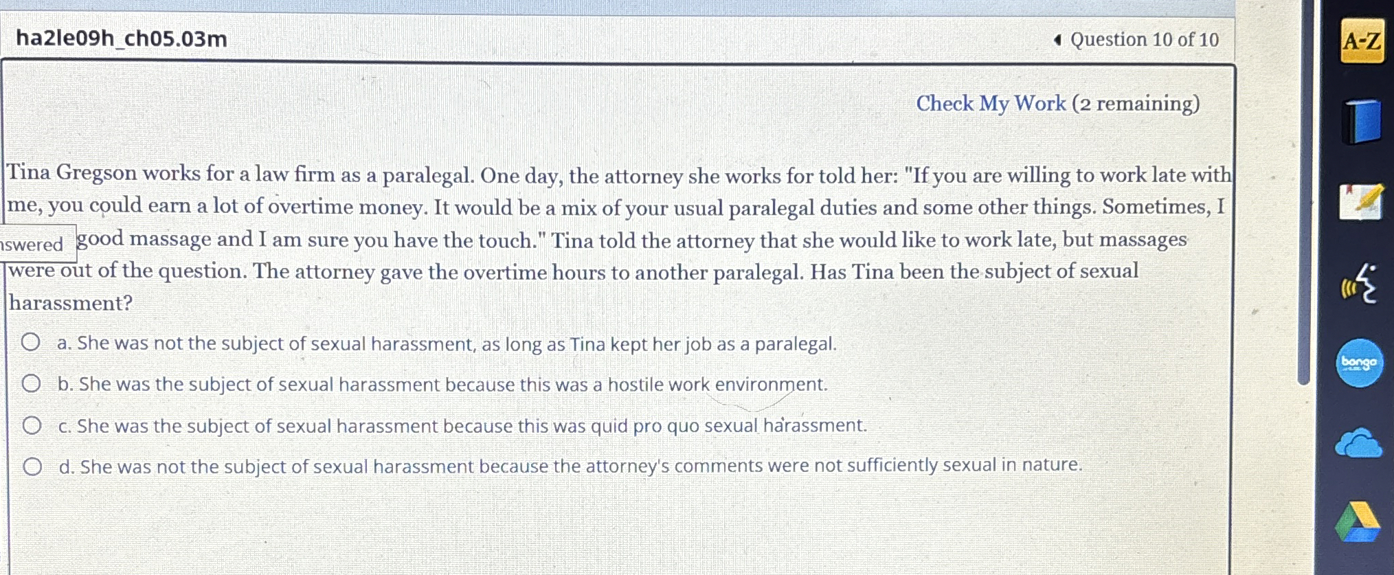  ha2le09h_ch05.03m Question 10 of 10 Check My Work (2 remaining) Tina