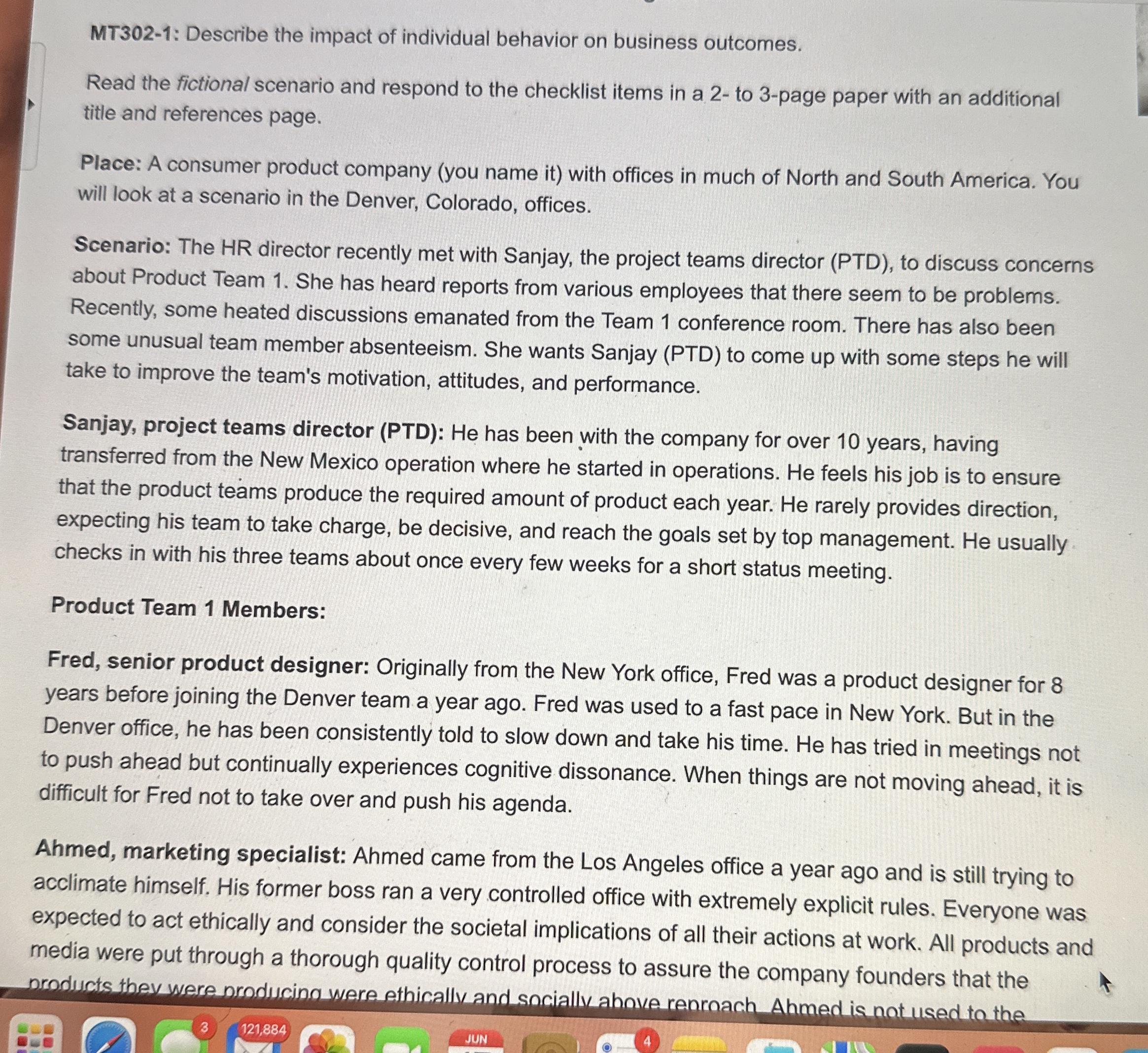  MT302-1: Describe the impact of individual behavior on business outcomes. Read