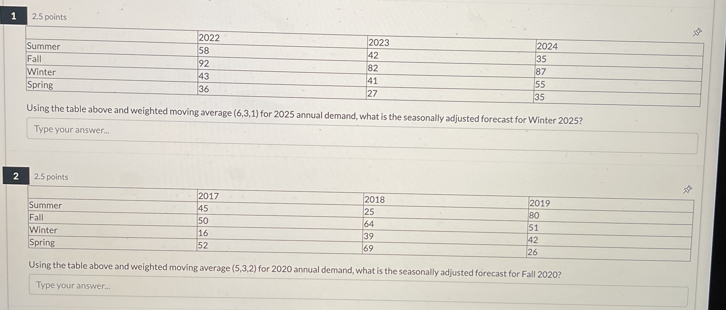  1 2.5 points \table[[,2022,2023,],[Summer,58,2023,2024],[Fall,92,42,35],[Winter,43,82,87],[Spring,36,41,55],[,,27,35]] Using the table above and weighted moving