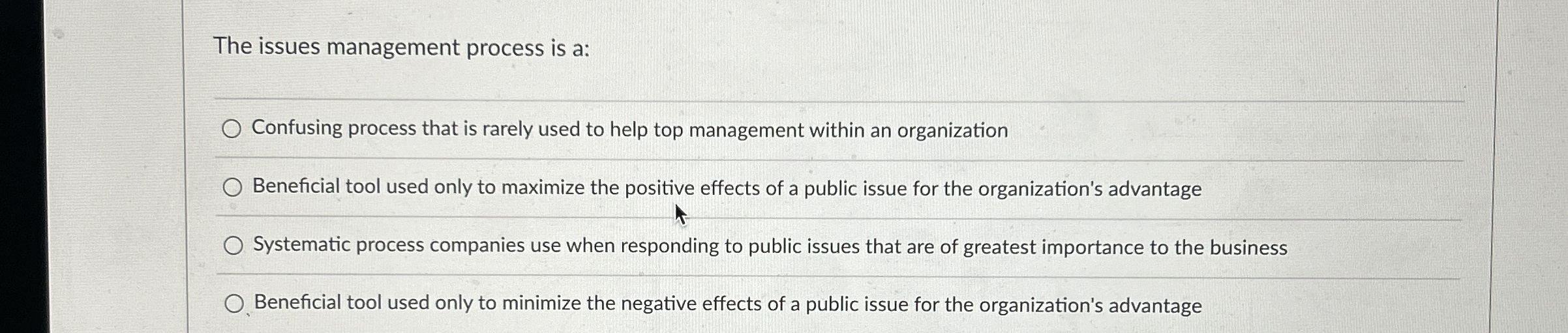  The issues management process is a: Confusing process that is rarely