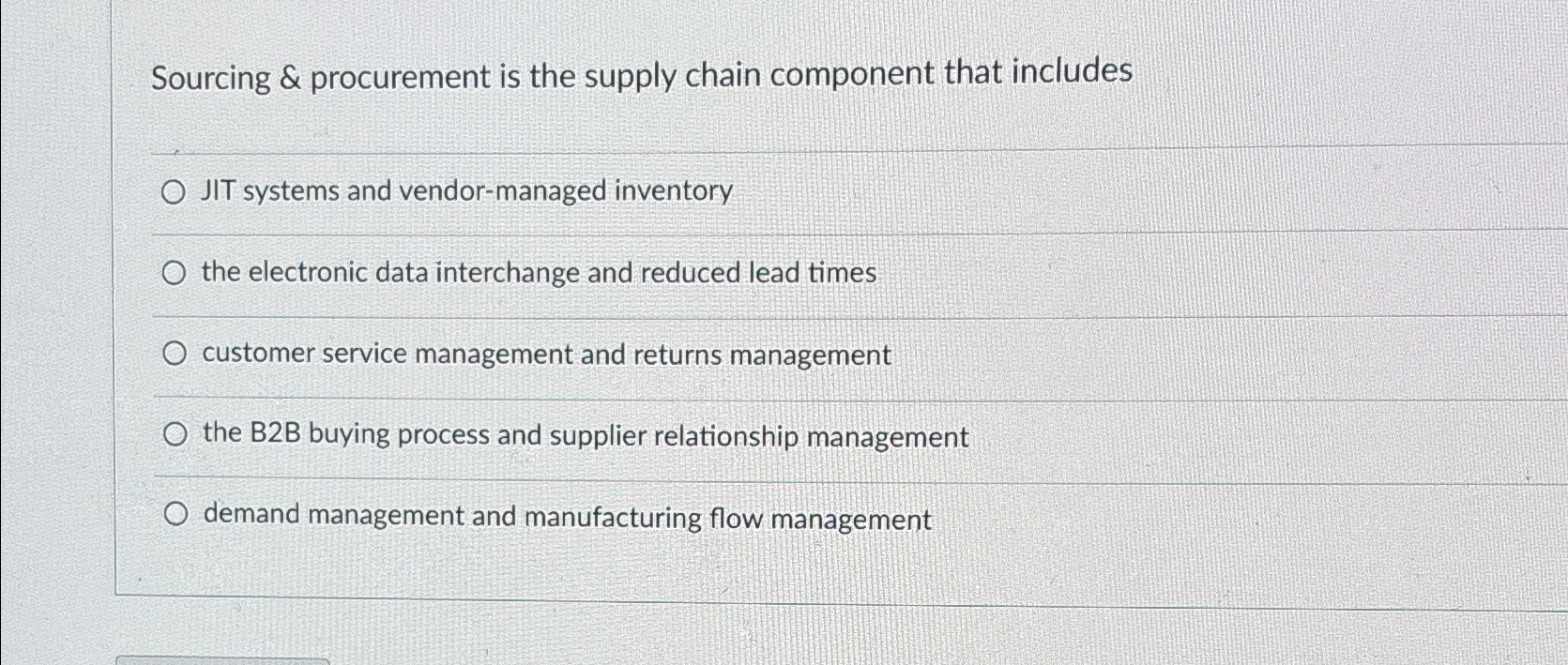  Sourcing & procurement is the supply chain component that includes JIT