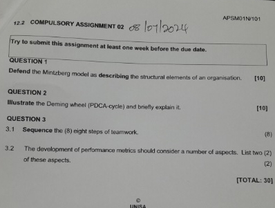  12.2 COMPULSORY ASSIGNMENT 02081072024 APSM01N/101 Try to submit this assignment at