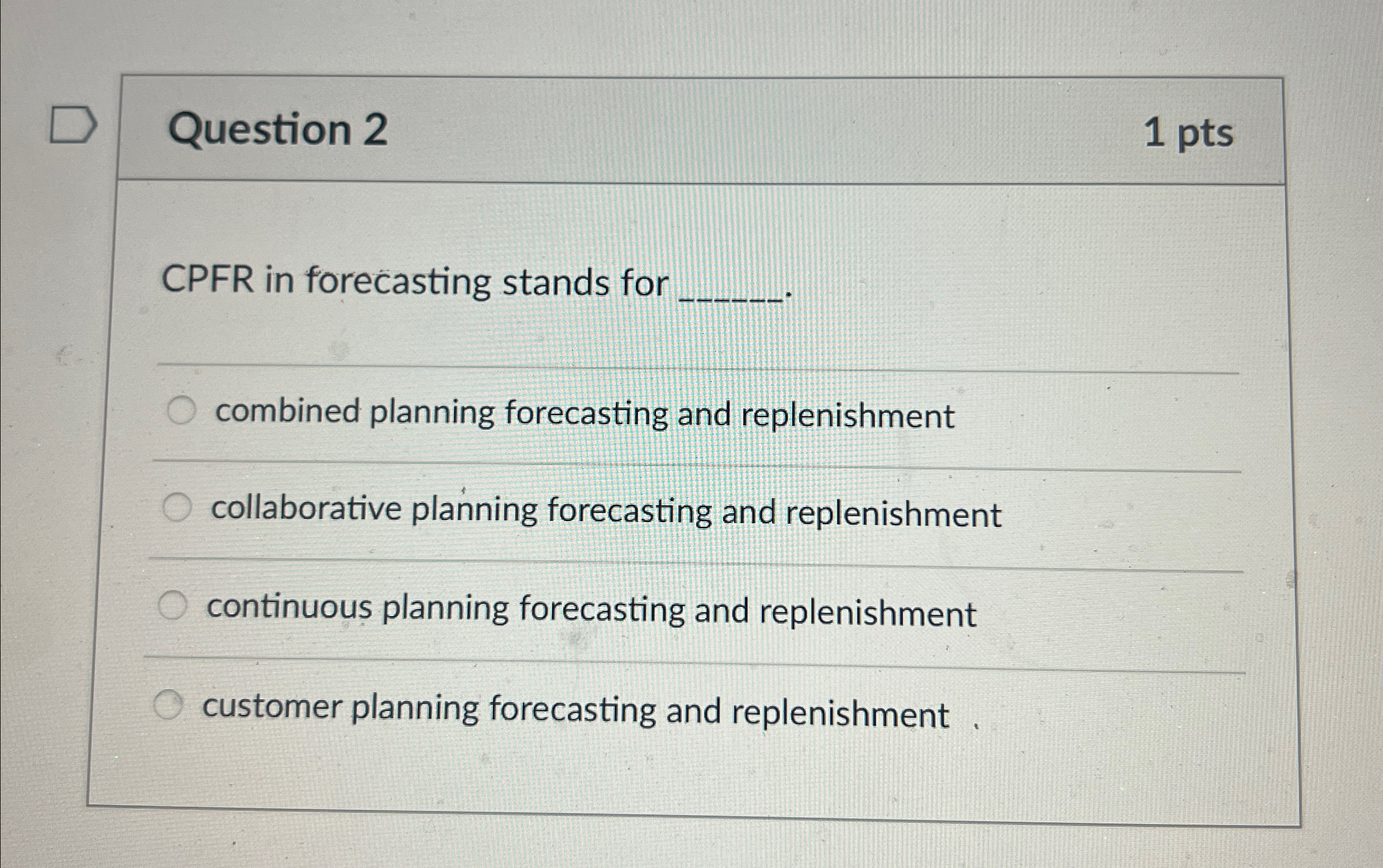  Question 2 1pts CPFR in forecasting stands for combined planning forecasting