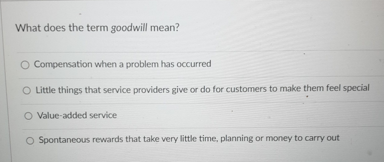  What does the term goodwill mean? Compensation when a problem has
