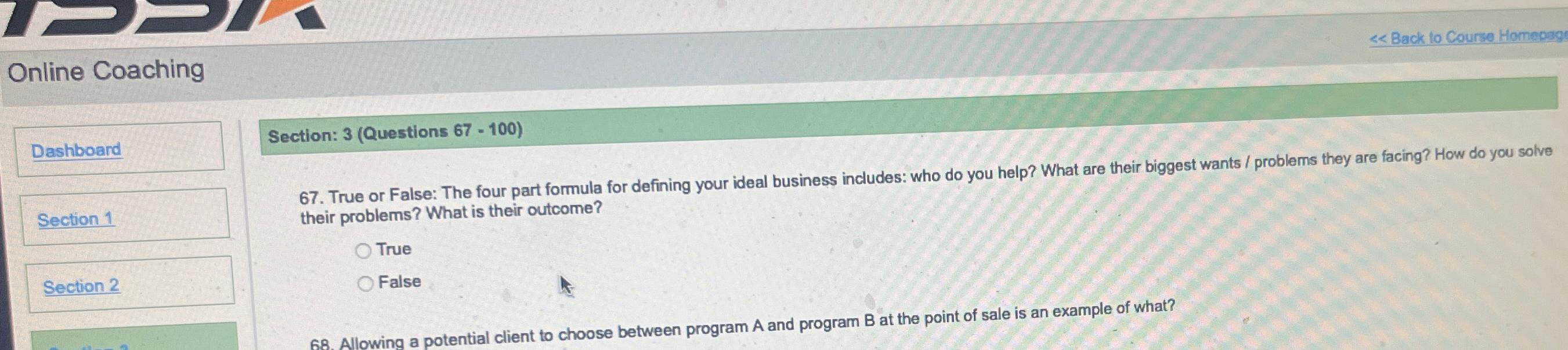 Online Coaching Back to Course Homepag: Dashboard Section: 3(Questions 67-100) Section