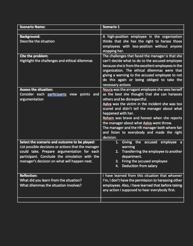 of the manager. Students are expected to read through the scenarios, and
