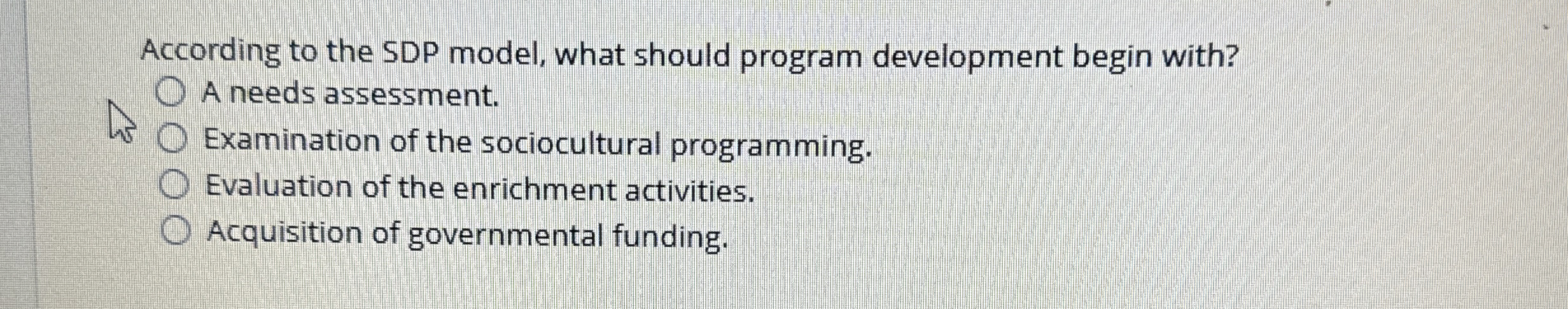  According to the SDP model, what should program development begin with?