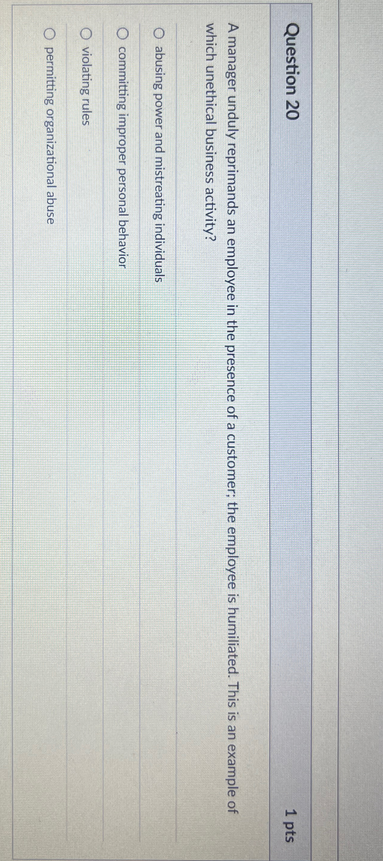  Question 20 1pts A manager unduly reprimands an employee in the