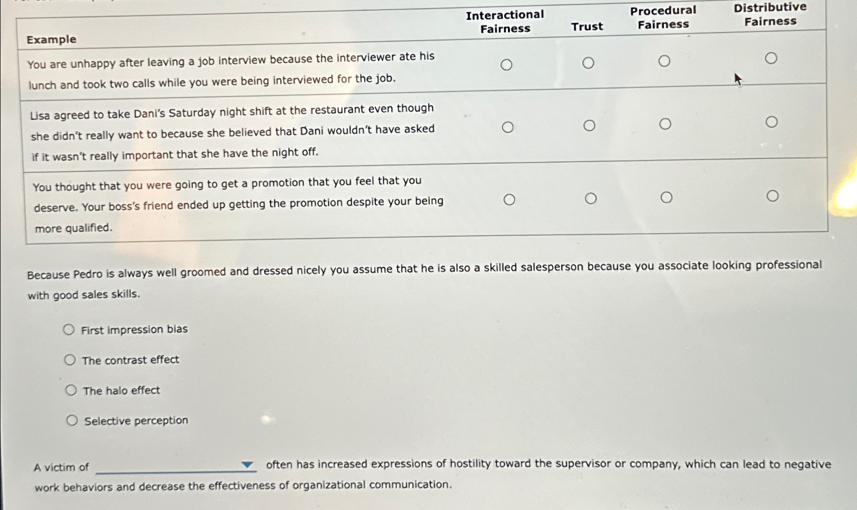  \table[[Example],[You are unhappy after leaving a job interview because the interviewer