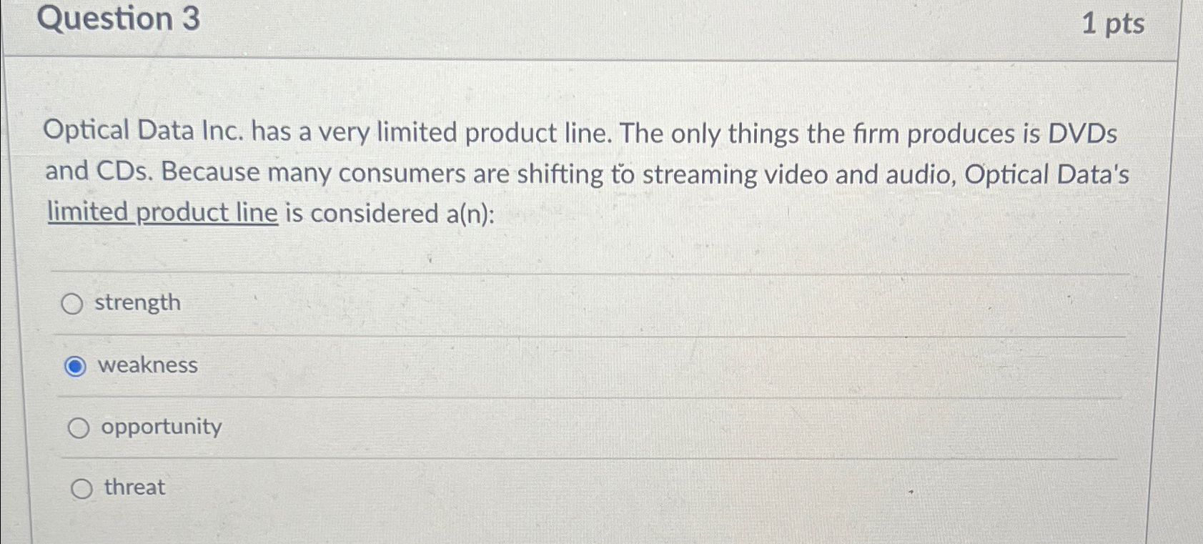  Question 3 1pts Optical Data Inc. has a very limited product