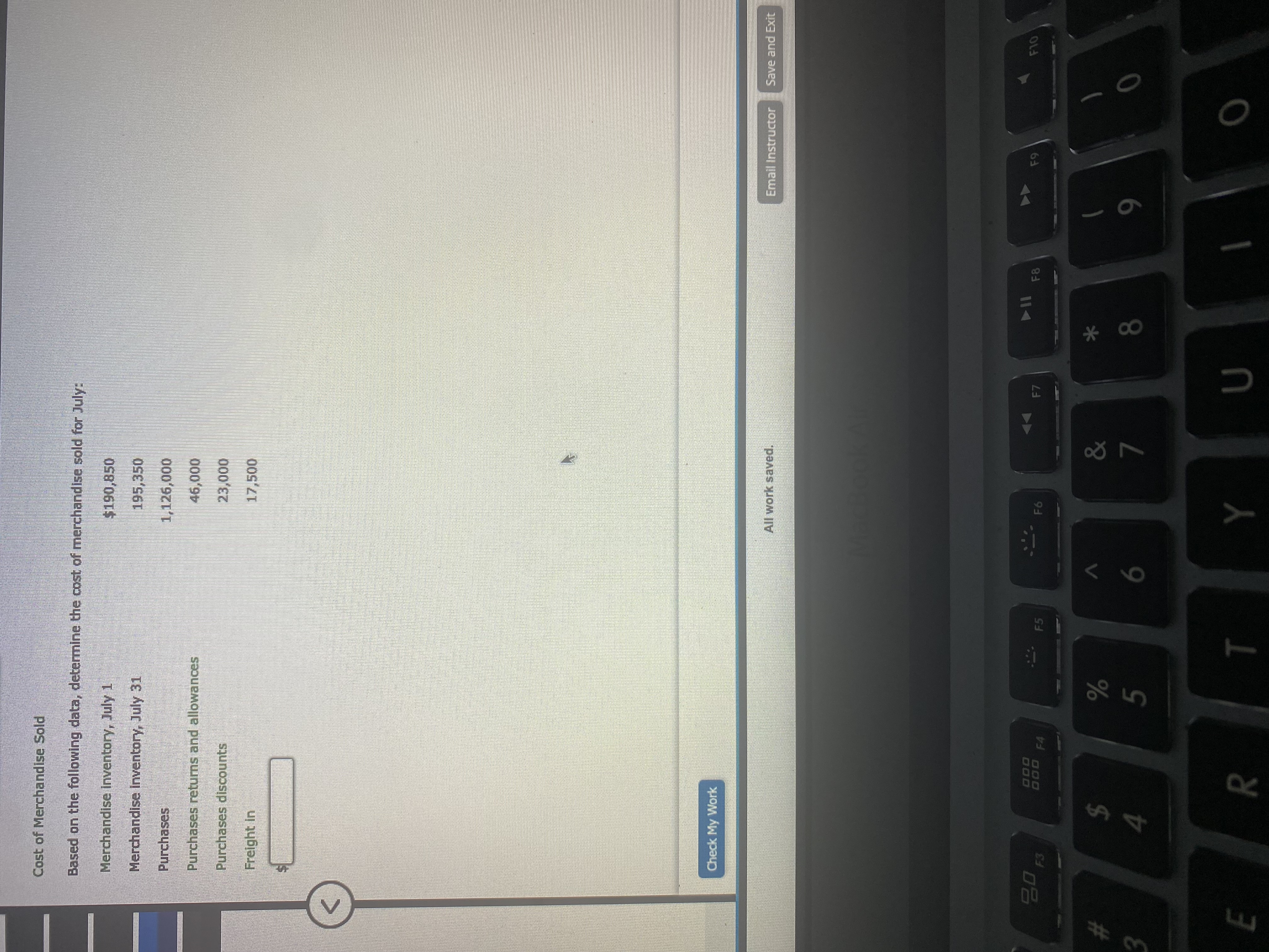 Cost of Merchandise Sold 7,843,800 Previous Check My Work All work saved