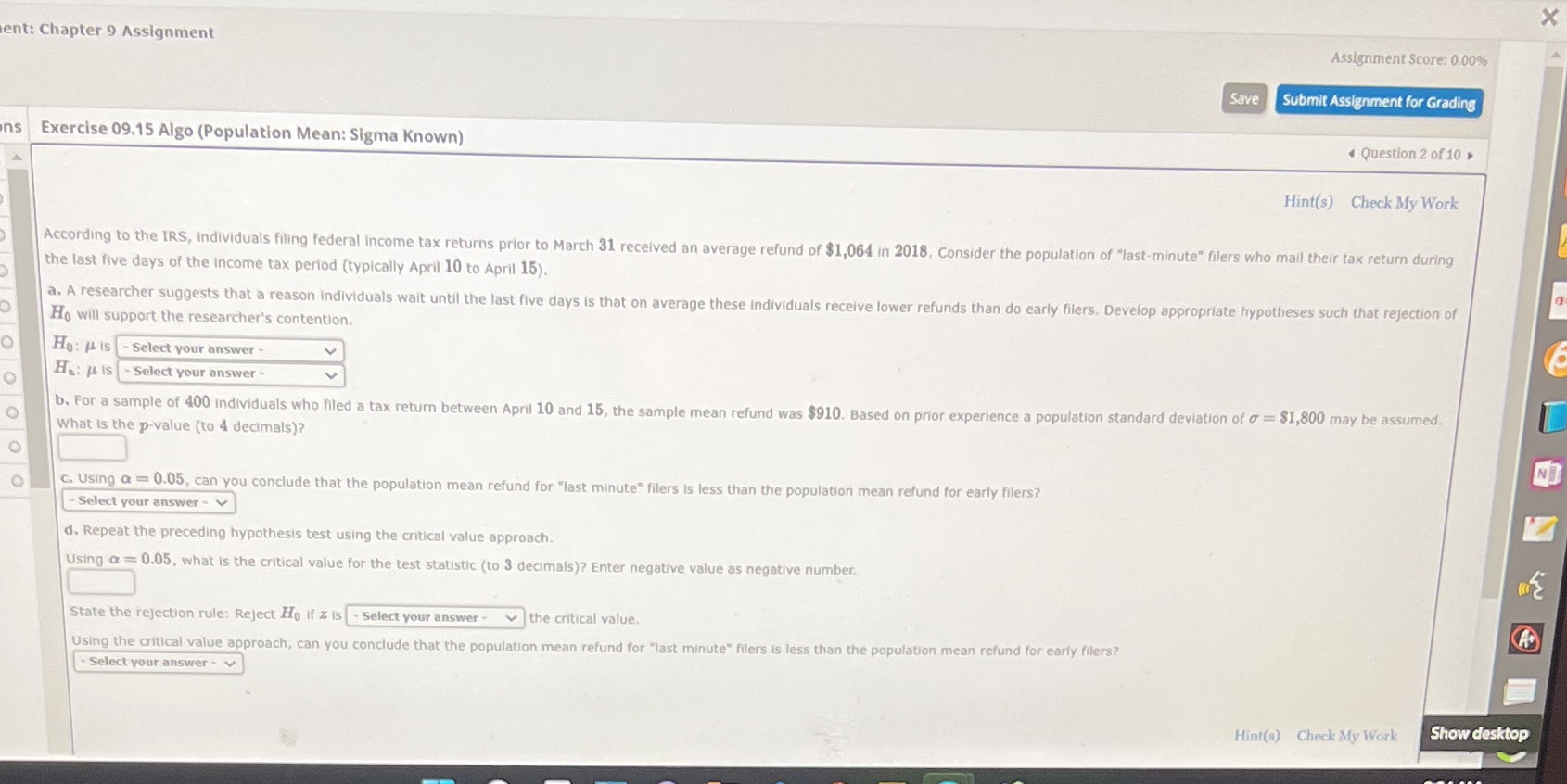  X ent: Chapter 9 Assignment Assignment Score: 0.00% Save Submit Assignment