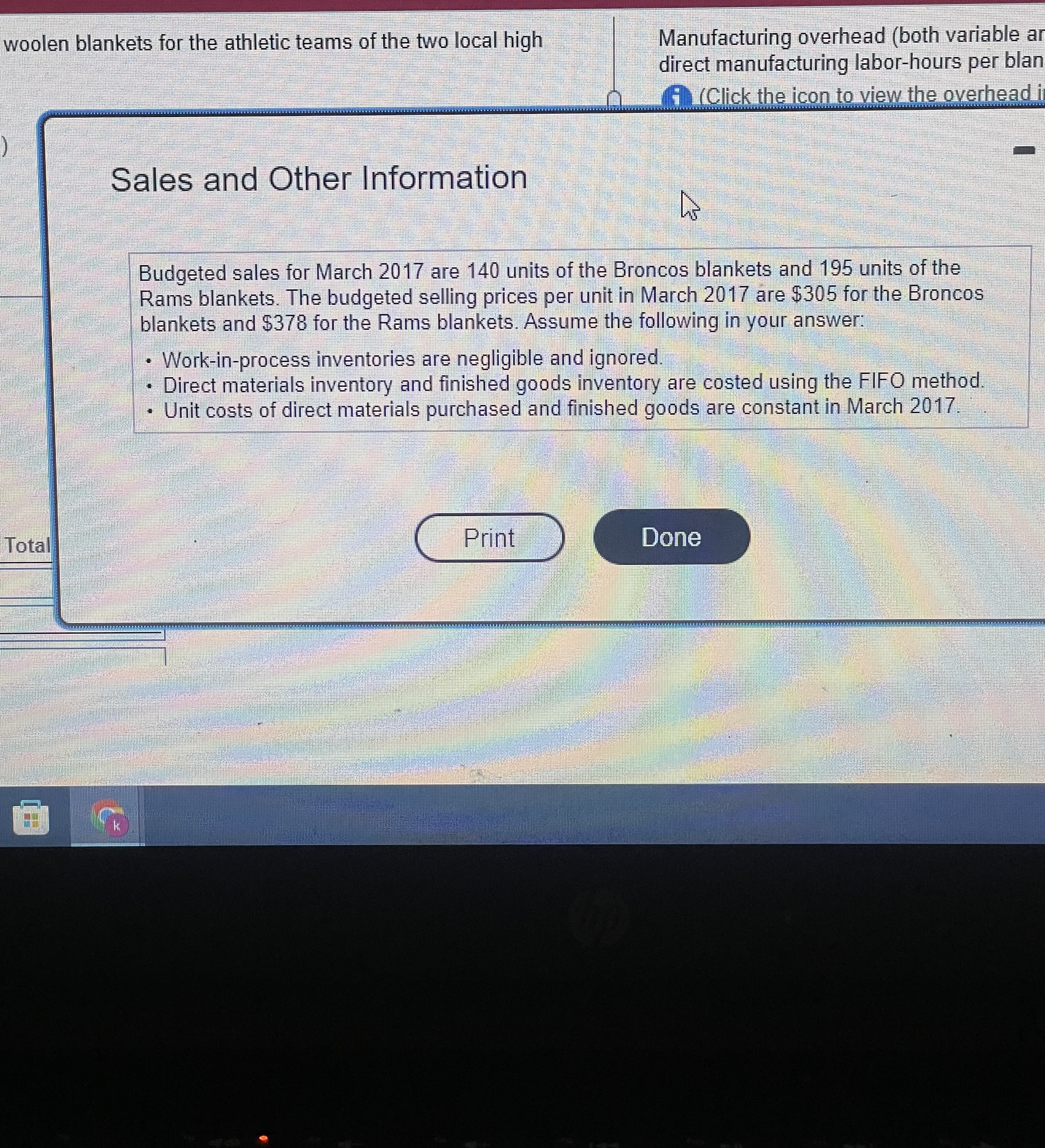 Finished Goods Inventory Data relating to finished goods inventory for March 2017