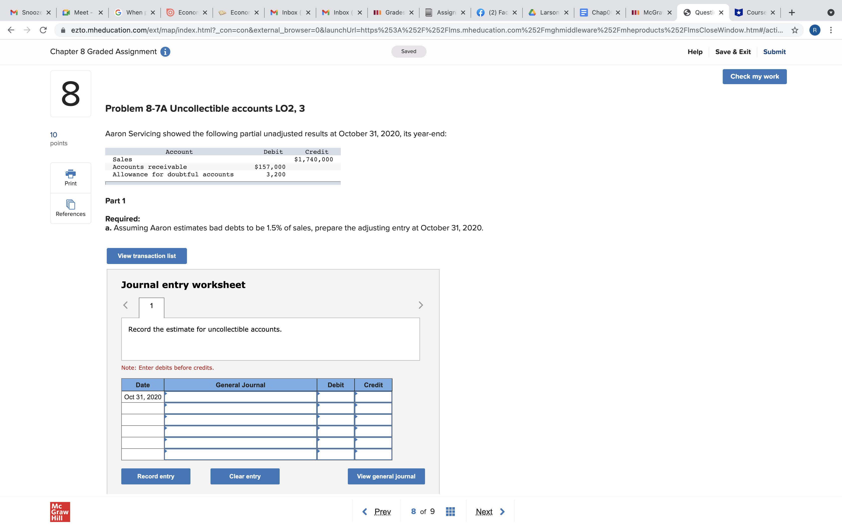 Required:a.Assuming Aaron estimates bad debts to be 1.5% of sales, prepare the