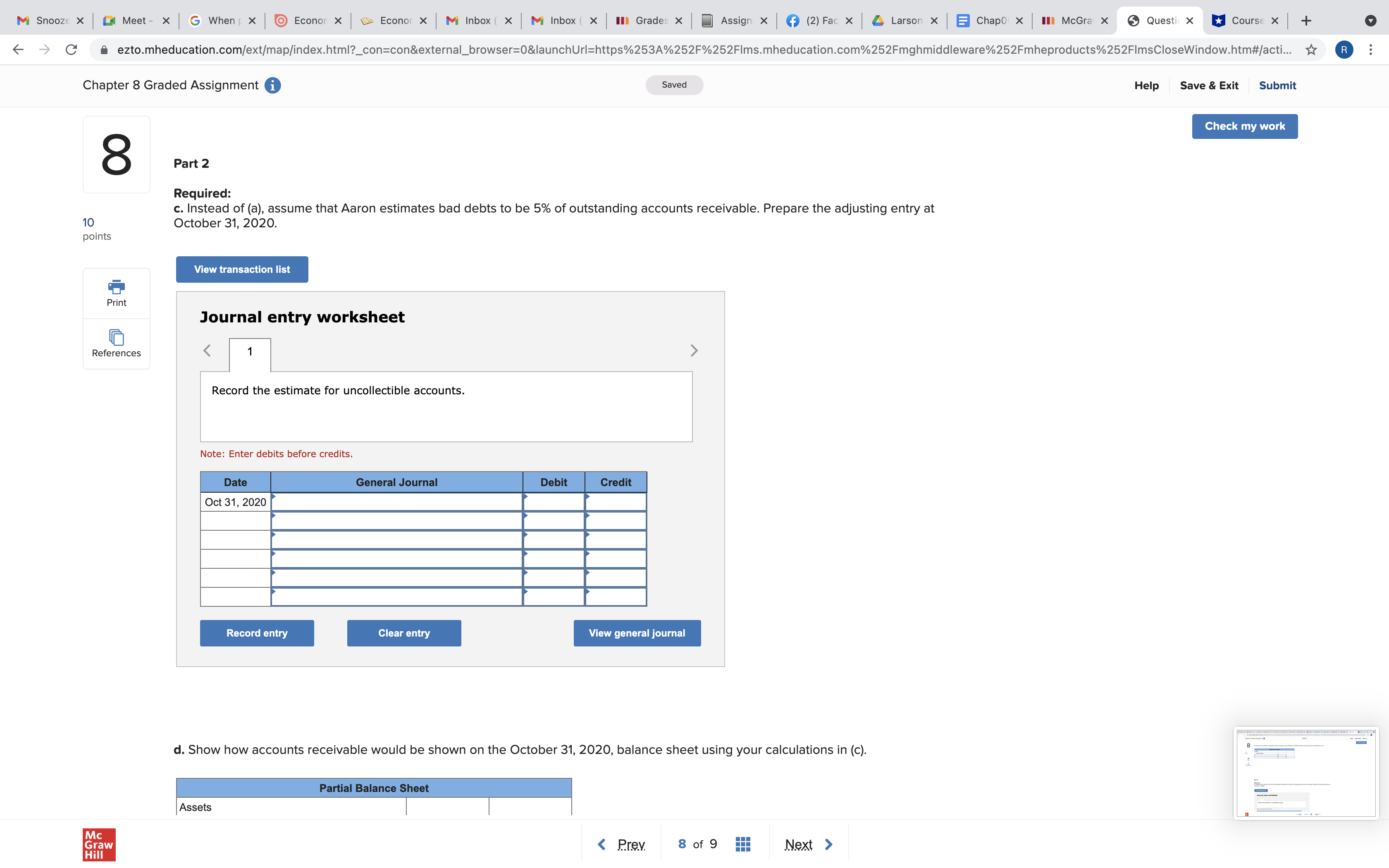 on the October 31, 2020, balance sheet using your calculations in (a).
