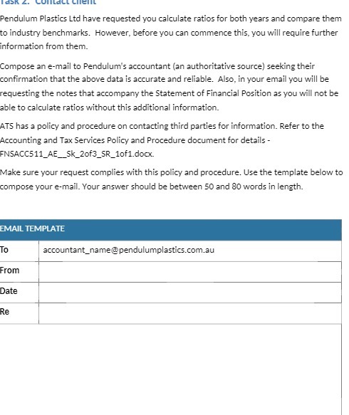 Pendulum Plastics Ltd have requested you calculate ratios for both years