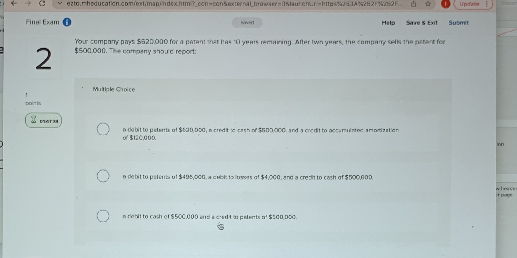  C vezto.mheducation.com/ext/map/index.html?_con=con&external_browser=0&launchUrl=https%253A%252F%252F... ( * (Update : Final Exam i Saved Help