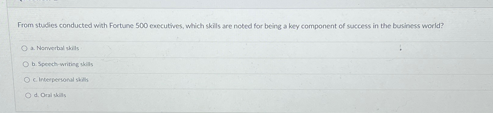  From studies conducted with Fortune 500 executives, which skills are noted