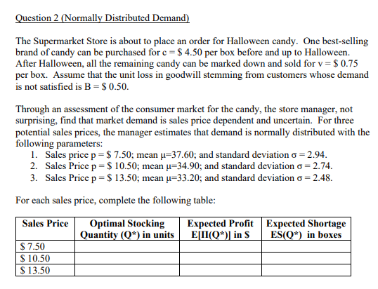  Question 2(Normally Distributed Demand) The Supermarket Store is about to place