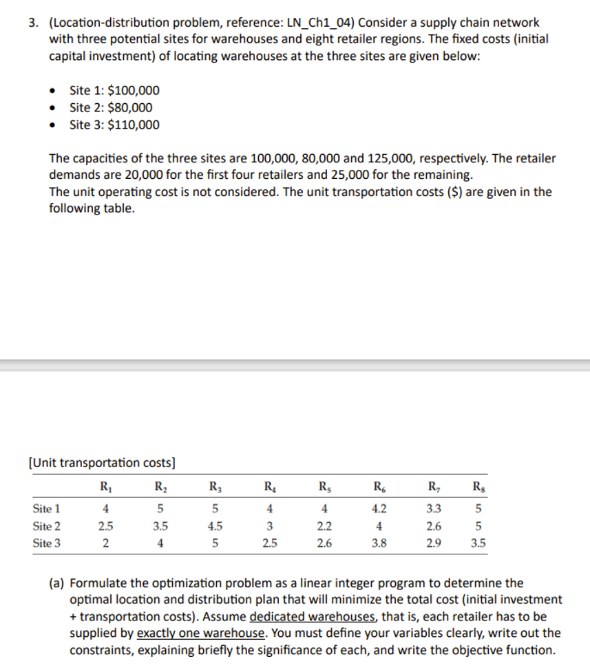  (Location-distribution problem, reference: LN_Ch1_04) Consider a supply chain network with three