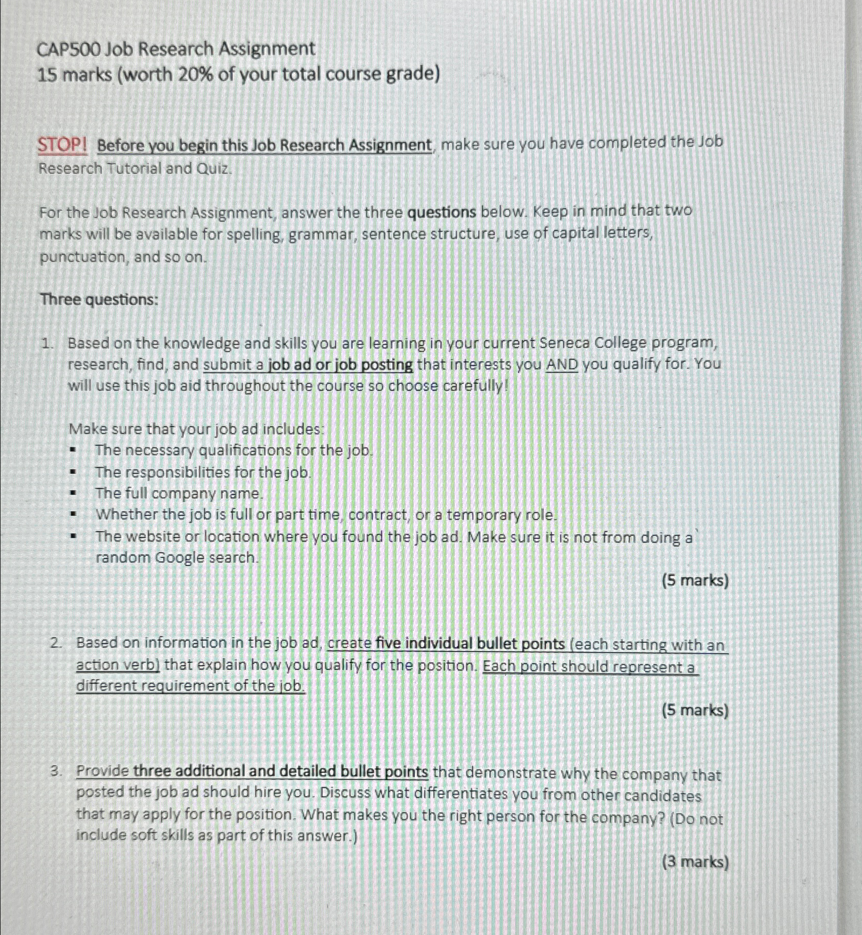  CAP500 Job Research Assignment 15 marks (worth 20% of your total