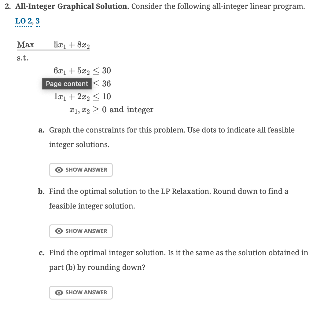  All-Integer Graphical Solution. Consider the following all-integer linear program. LO 2,3