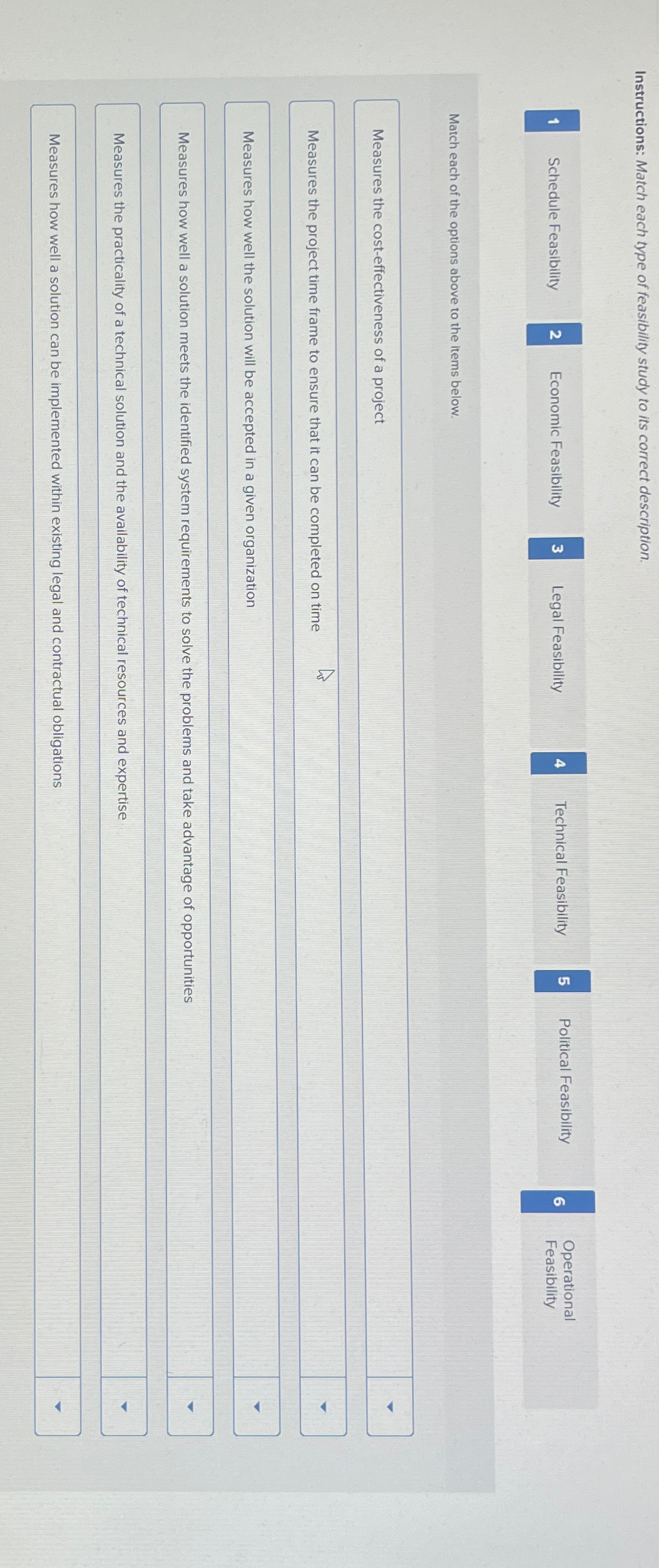  Instructions: Match each type of feasibility study to its correct description.