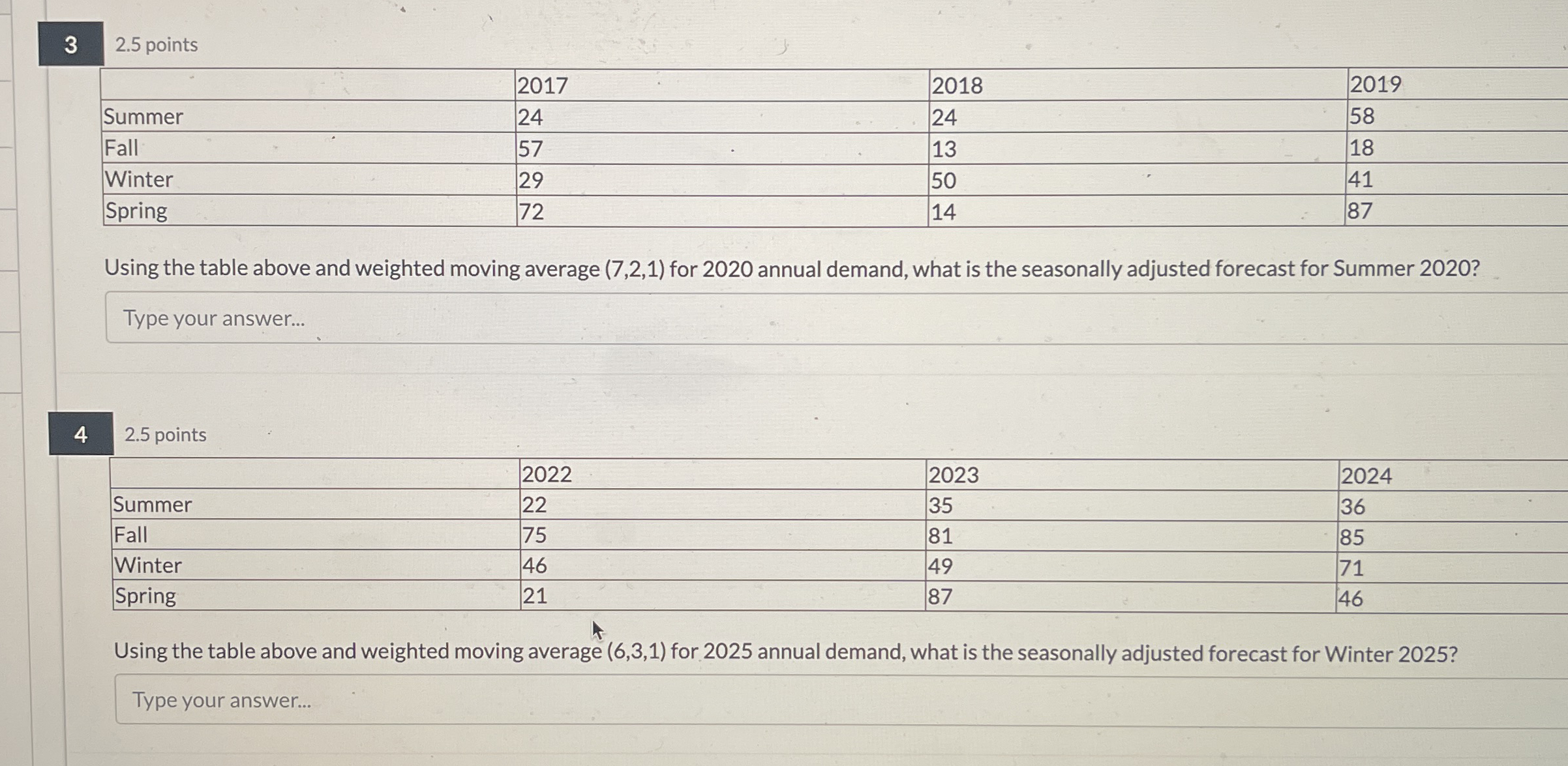  3 2.5 points \table[[,2017,2018,2019],[Summer,24,24,58],[Fall,57,13,18],[Winter,29,50,41],[Spring,72,14,87]] Using the table above and weighted moving