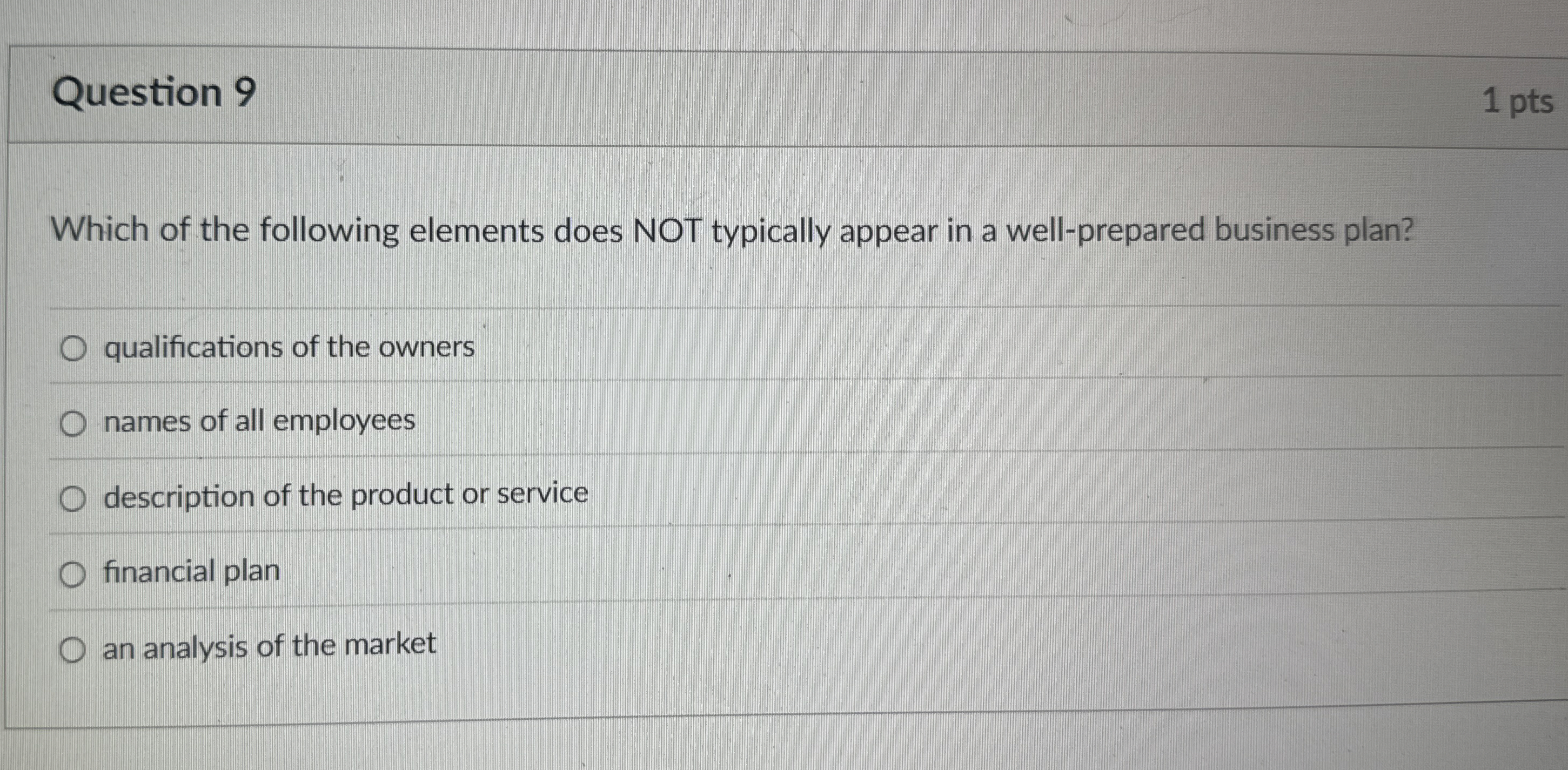  Question 9 Which of the following elements does NOT typically appear